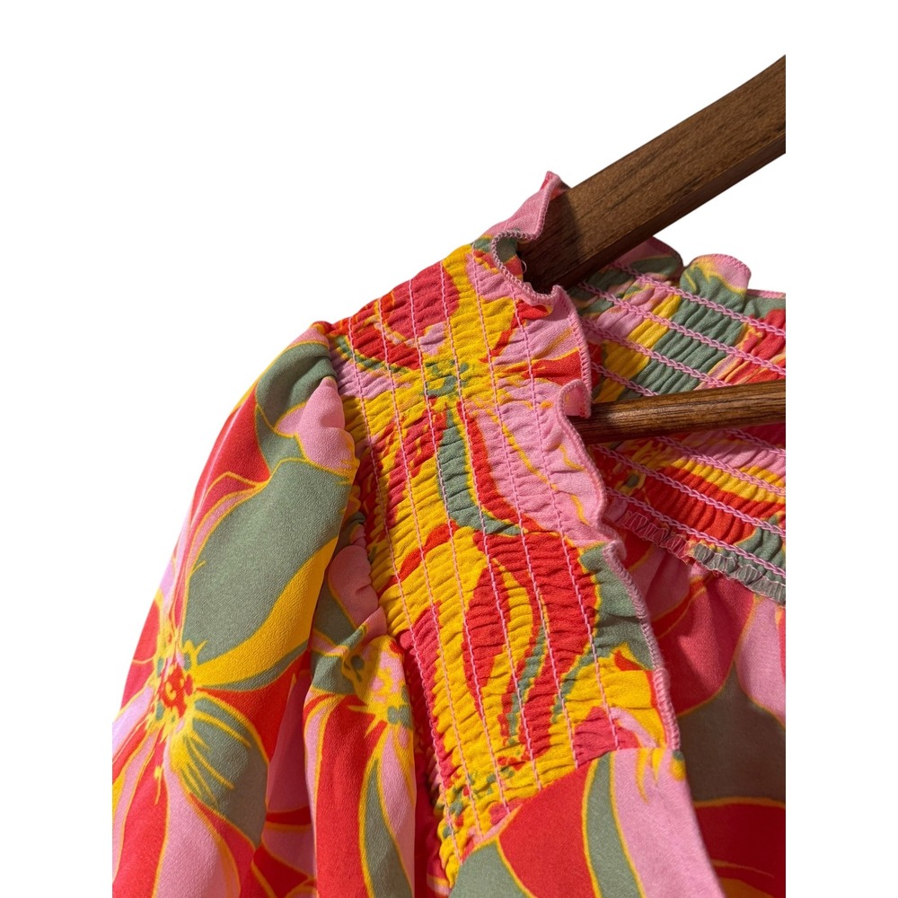 Pleione Floral Blouse Women M Pink Orange Excellent Smocked Square Neck Top - Picture 4 of 7